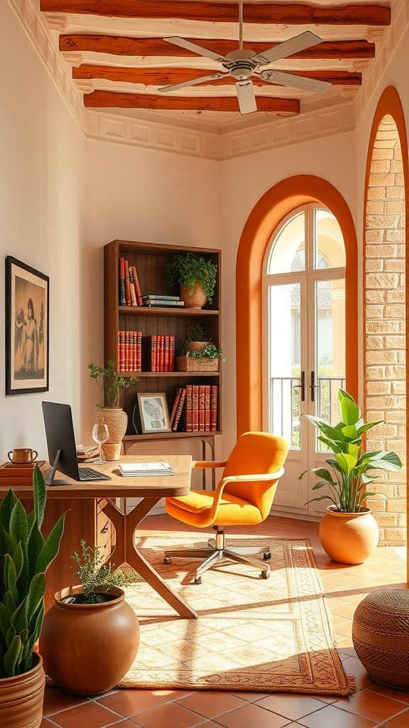 A sunny Mediterranean-inspired home office featuring a wooden desk, orange chair, and plants.