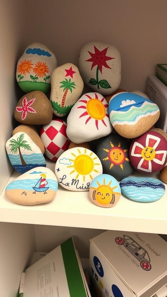 A collection of hand-painted rocks with summer themes, displayed on a shelf in an office.