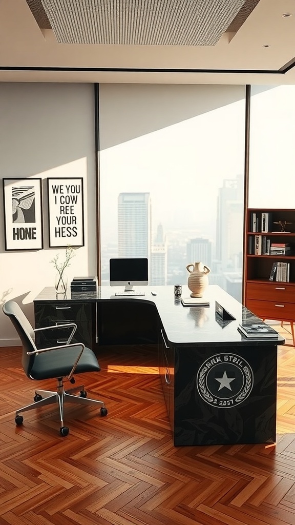 L shaped executive desk with a bold pattern in a modern office setting