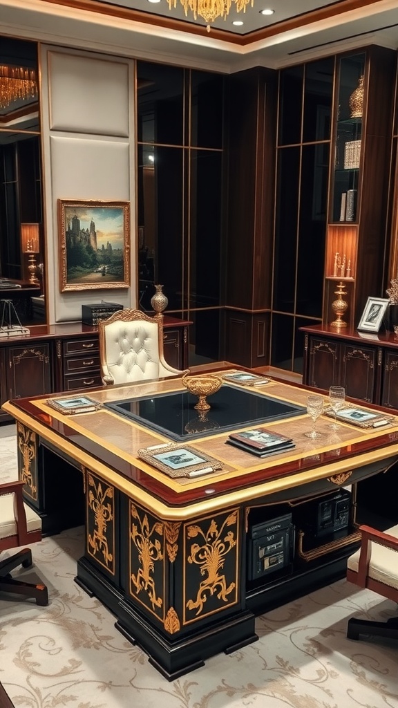 Elegant executive desk with gold accents in a luxurious office setting