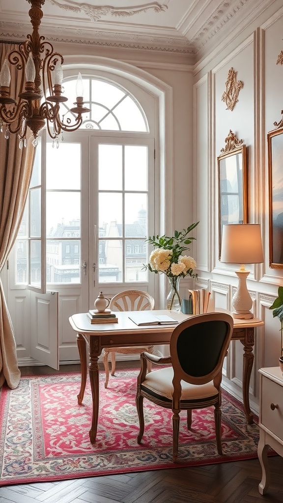 A chic Parisian-style home office featuring a chandelier, elegant desk, and floral decor.