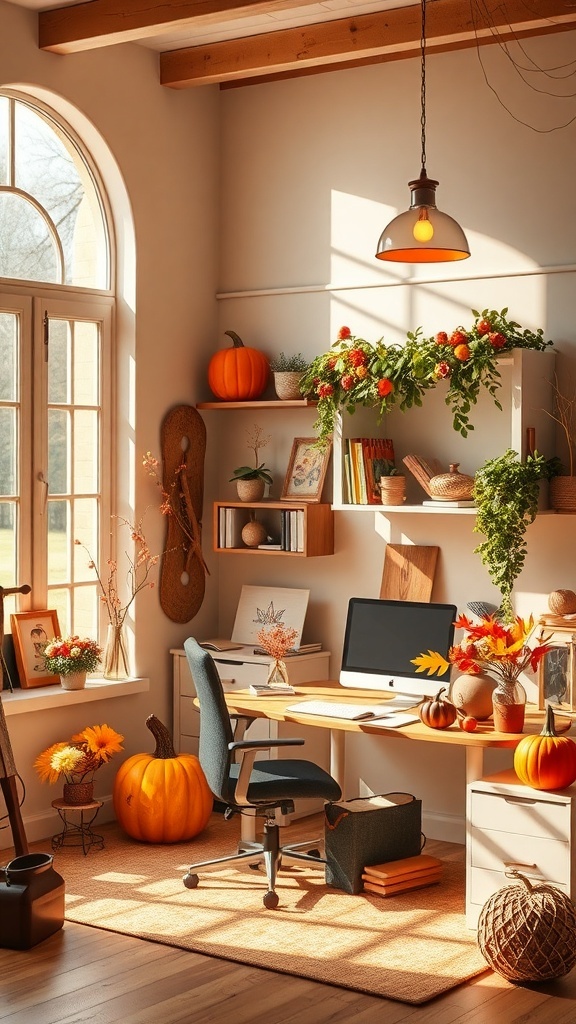 A cozy home office decorated for fall with warm lighting and autumn decor.