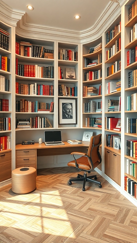 L shaped executive desk with built-in bookshelves in a stylish office setting
