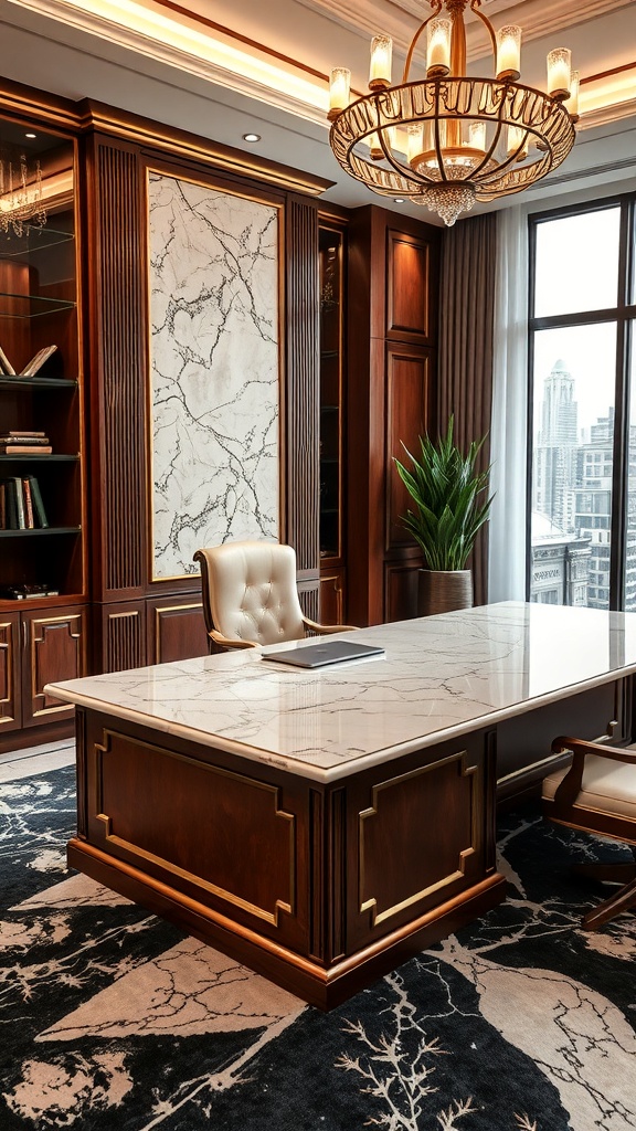 Luxury executive desk with marble top and wooden finish in an elegant office setting