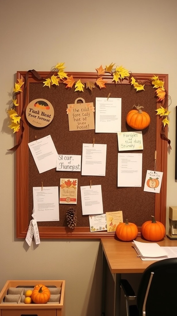 A harvest-themed bulletin board decorated with pumpkins, leaves, and notes, set in a cozy home office.