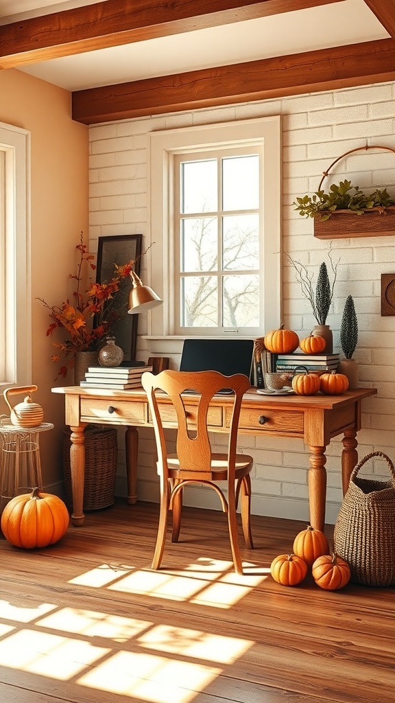 A cozy home office with a wooden desk, soft peach walls, and decorative pumpkins.