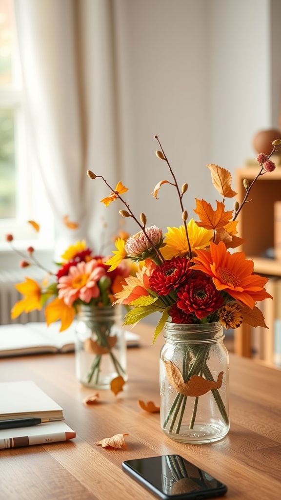 Mason jars filled with autumn flowers and leaves on a desk