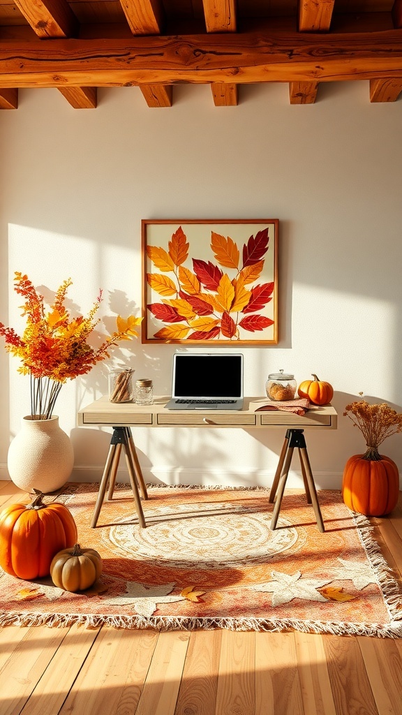A cozy home office with autumn-themed wall art featuring colorful leaves, pumpkins, and a warm rug.
