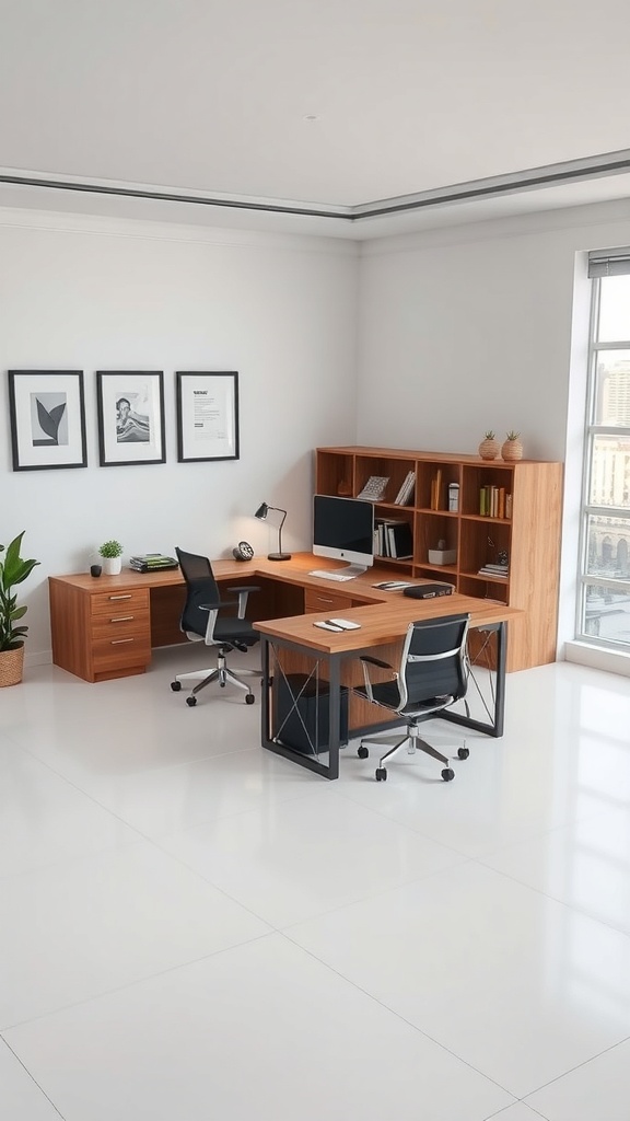 Modern L shaped executive desk with cable management in a bright office space