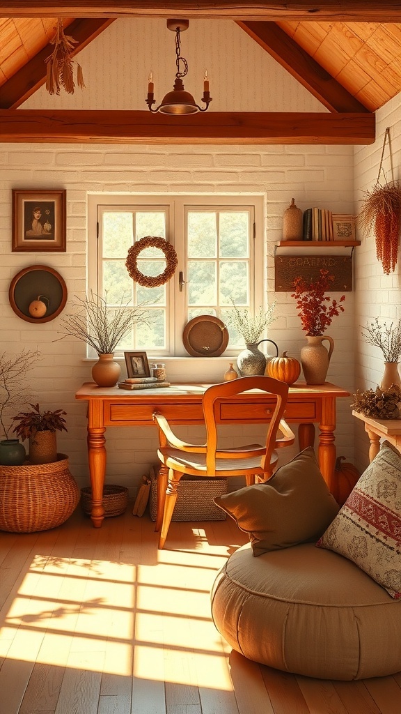 Cozy home office with terracotta and rich brown decor, featuring a wooden desk, chair, and natural light.