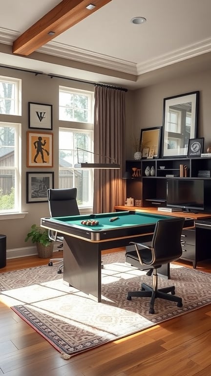 A vibrant game room with a ping pong table, colorful seating, and a cozy lounge area.