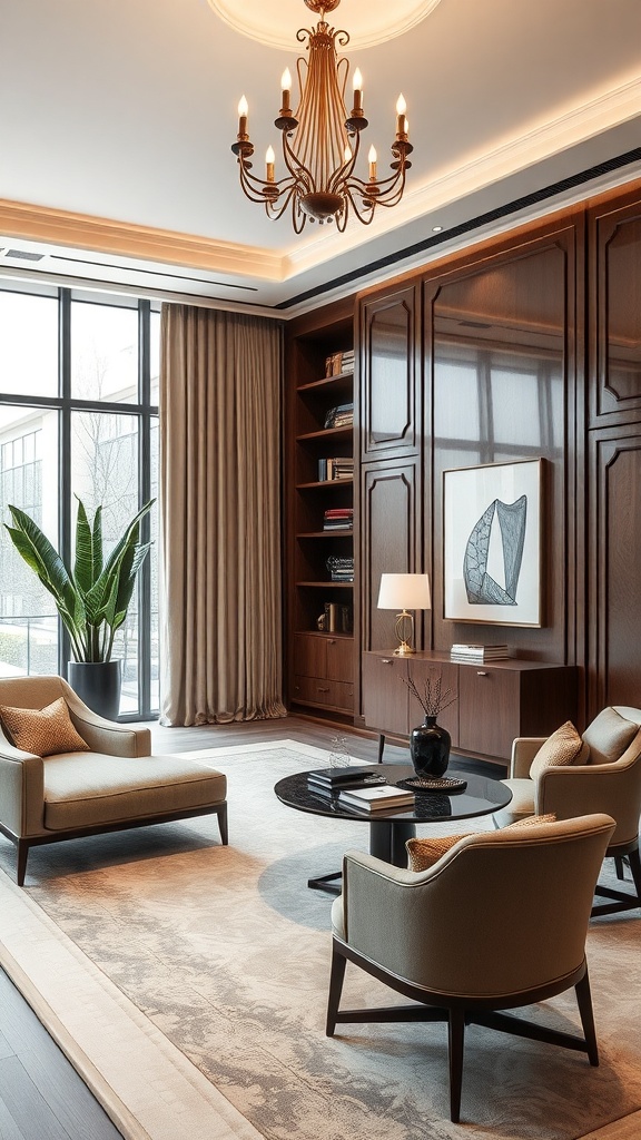 Luxurious executive office with elegant furnishings and a chandelier