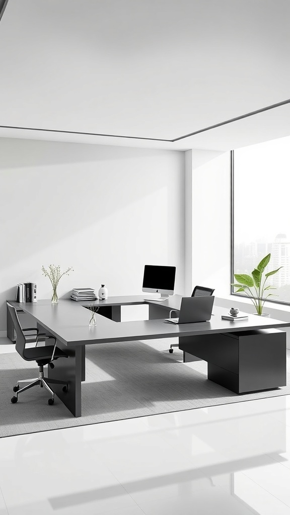 A modern minimalist L shaped executive desk in a bright office space
