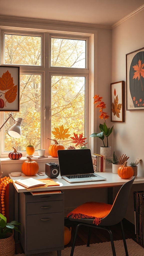A cozy workspace decorated with fall-themed artwork and pumpkins, featuring a minimal desk setup.