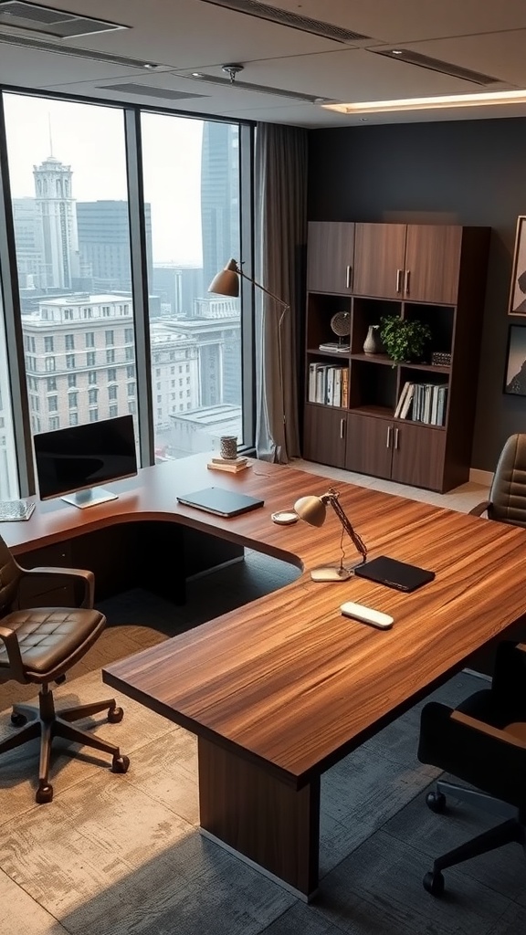 Modern l shaped executive desk with integrated technology in an office setting.