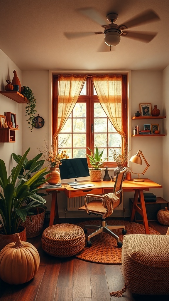 Cozy home office with earthy tones, plants, and autumn decor