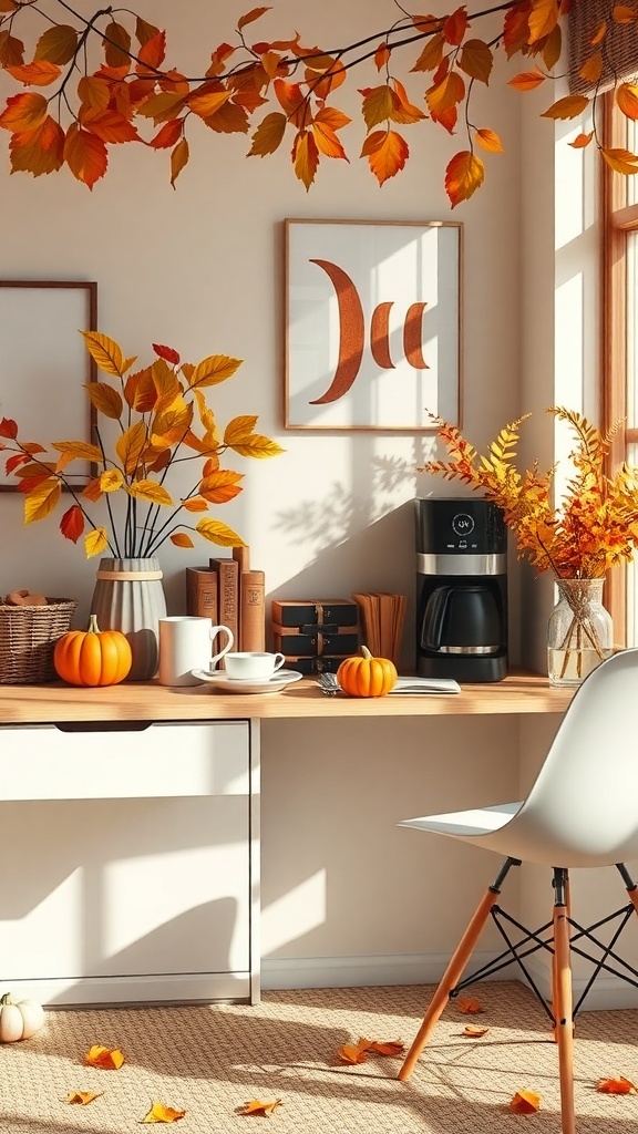 A cozy workspace with a coffee maker, autumn leaves, and pumpkins, showcasing a minimalist office setup.
