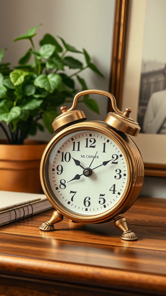 A vintage brass desk clock on a wooden desk with a plant in the background.