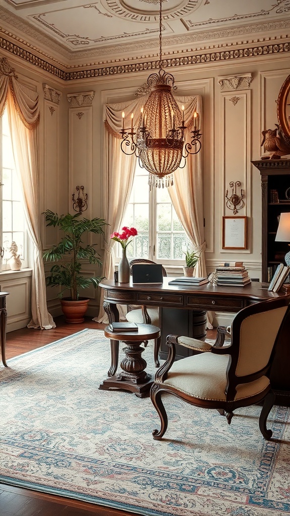 A Victorian-style home office featuring ornate architecture, a wooden desk, elegant seating, and soft lighting.