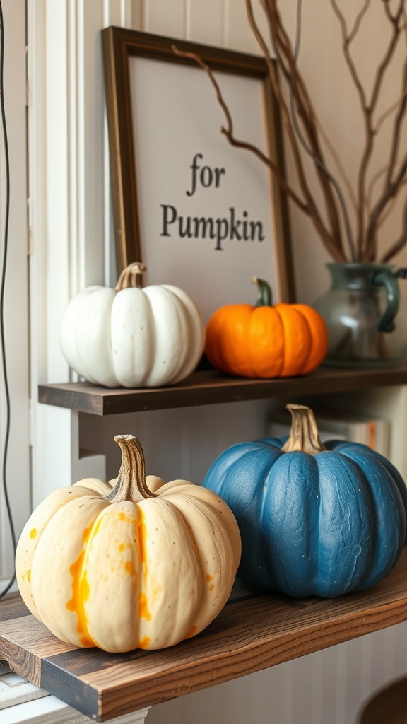 A display of hand-painted pumpkins in various colors on a wooden shelf, with a framed sign that reads 'for Pumpkin'.
