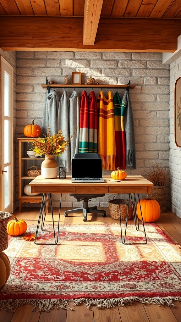A cozy home office with colorful scarves hanging on a shelf, pumpkins, and a warm rug.