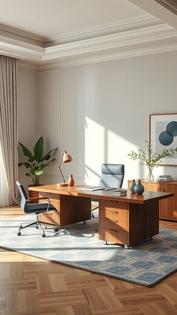 A modern executive office featuring a wooden desk, ergonomic chair, and stylish decor, creating a relaxing atmosphere.
