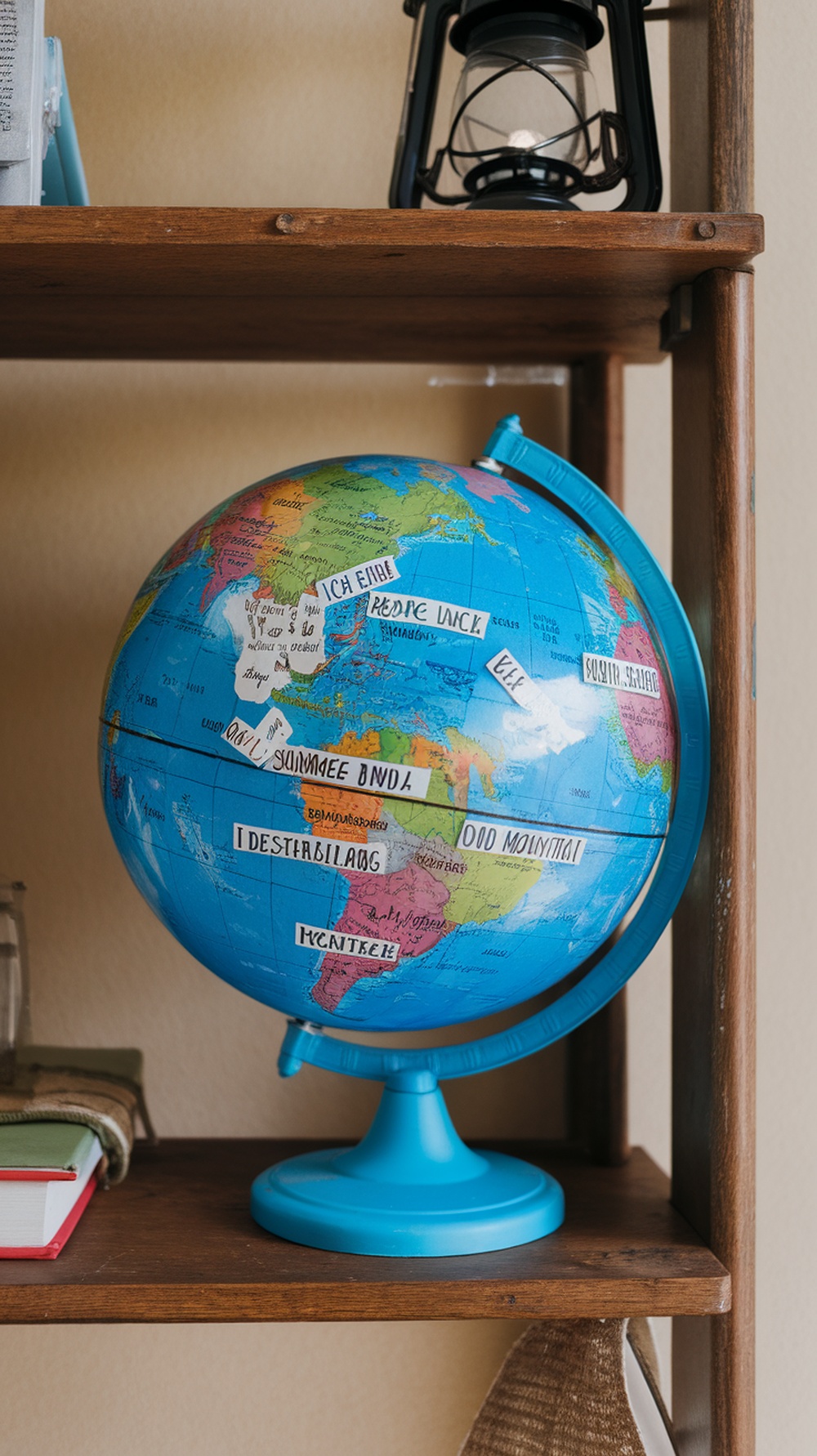 A colorful DIY paper mache globe with a summer theme, featuring bright colors and a small green airplane on top.