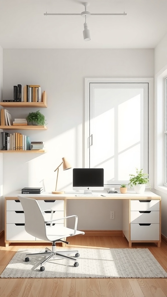 A minimalist home office setup featuring a desk, computer, lamp, and organized shelves.