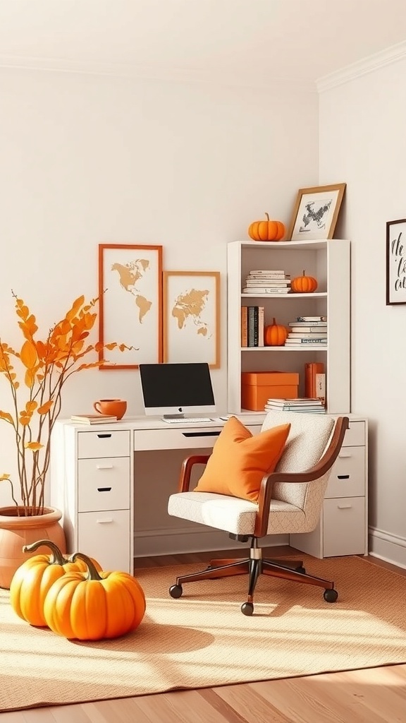 A cozy home office decorated with soft pumpkin orange accents, featuring a desk, chair, and decorative pumpkins.