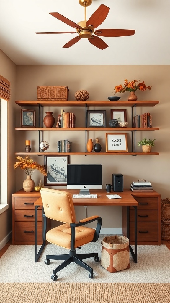 A cozy home office with cinnamon brown tones, featuring a wooden desk, orange chair, and warm decor.