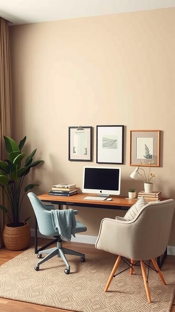 Home office with beige walls, a wooden desk, and dusty blue chair