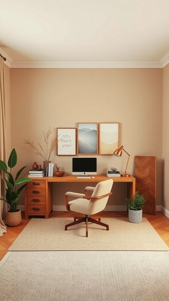 A cozy home office with beige walls, wooden desk, and plants.