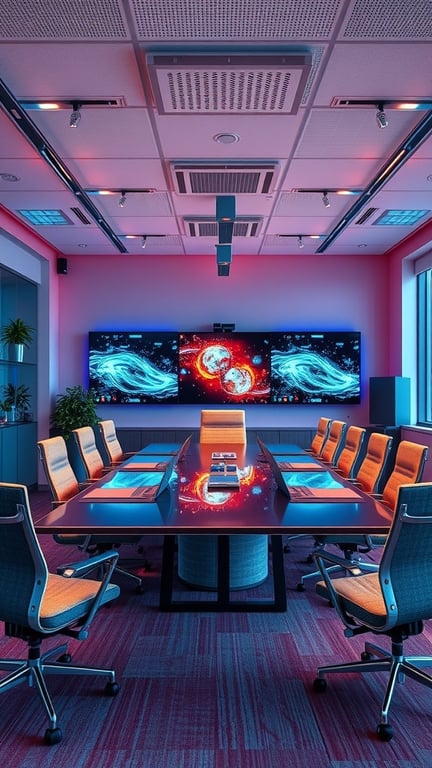 A modern tech-integrated meeting room with vibrant colors, large screens, and stylish furniture.