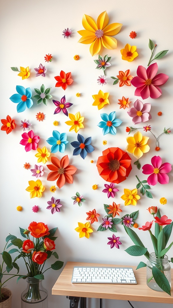Colorful paper flower wall art displayed on a white wall, with a wooden desk and keyboard in the foreground.