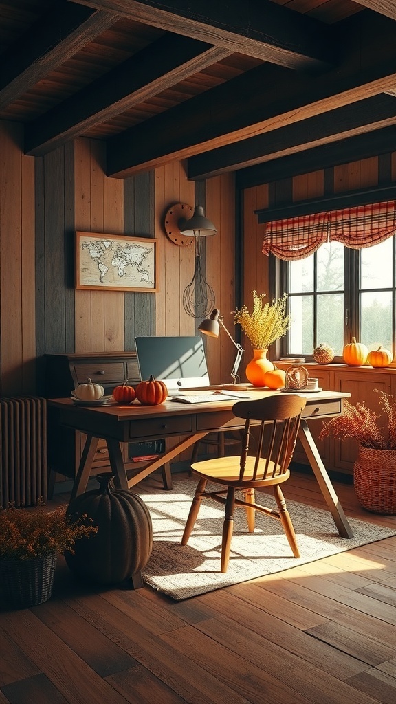 A rustic home office with wooden elements, pumpkins, and warm orange tones.