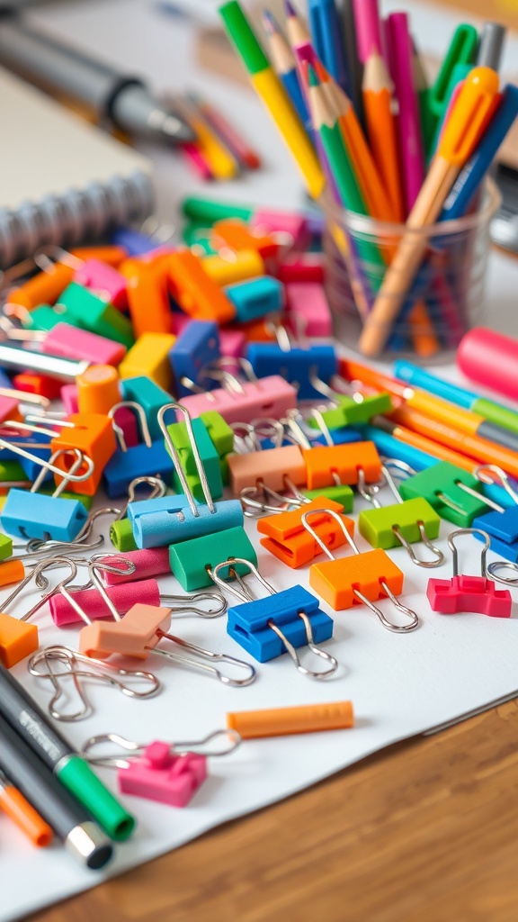 Colorful binder clips and stationery on a wooden desk