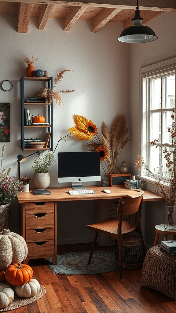 Cozy home office with autumn decorations, including pumpkins and sunflowers.