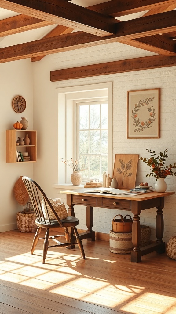 A cozy home office with soft beige walls and dark walnut furniture, featuring natural light and decorative elements.