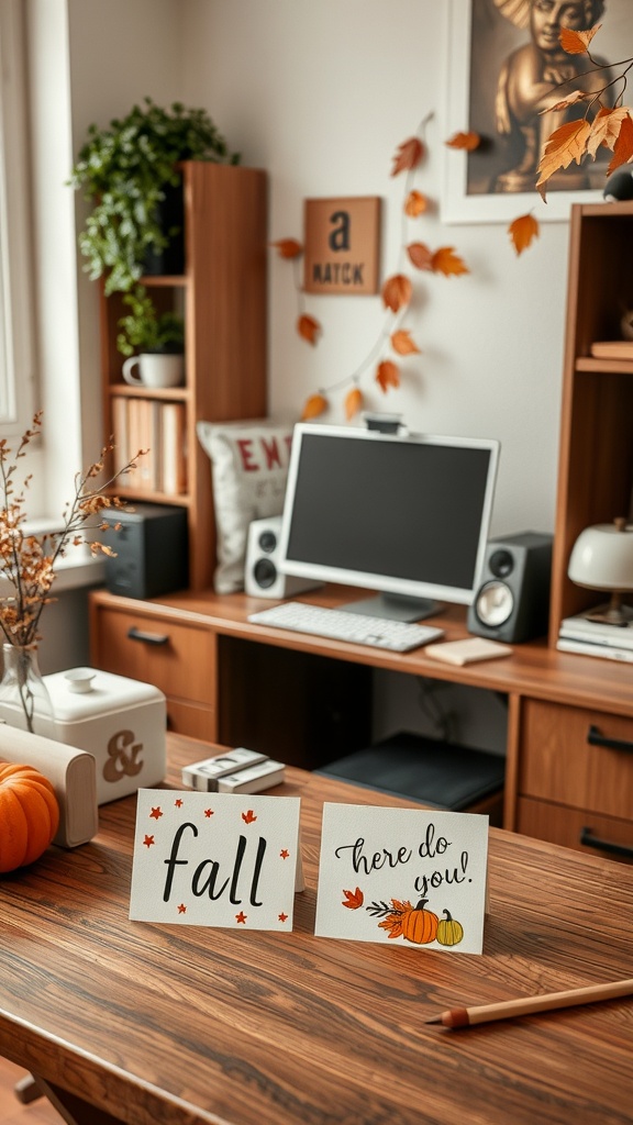 Two handmade fall cards on a wooden desk in a cozy office setting.