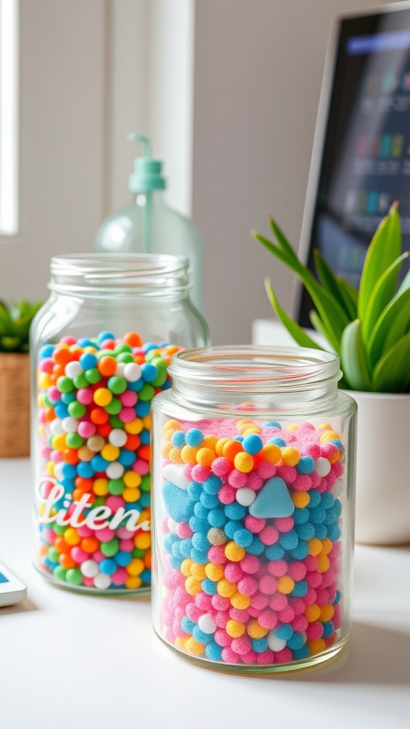 Two decorative jars filled with colorful candies on a desk, with office supplies in the background.