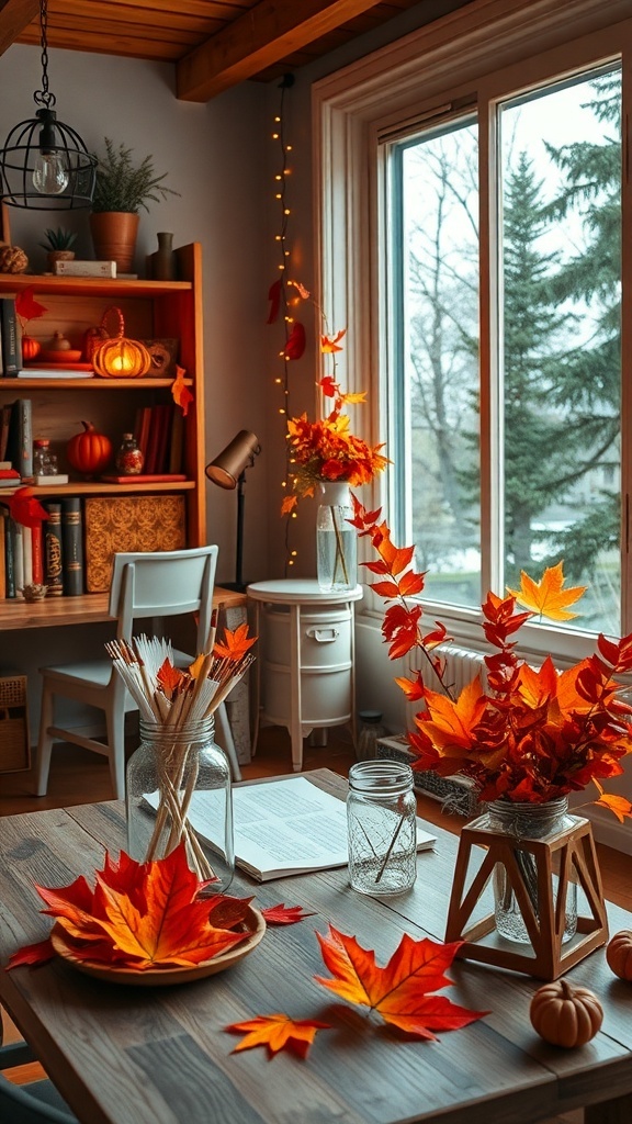 A cozy workspace decorated with glass jars filled with autumn leaves and art supplies, showcasing a warm autumn vibe.