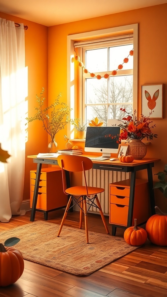 A bright home office with an orange background aesthetic, featuring a desk, chair, and decorative pumpkins.