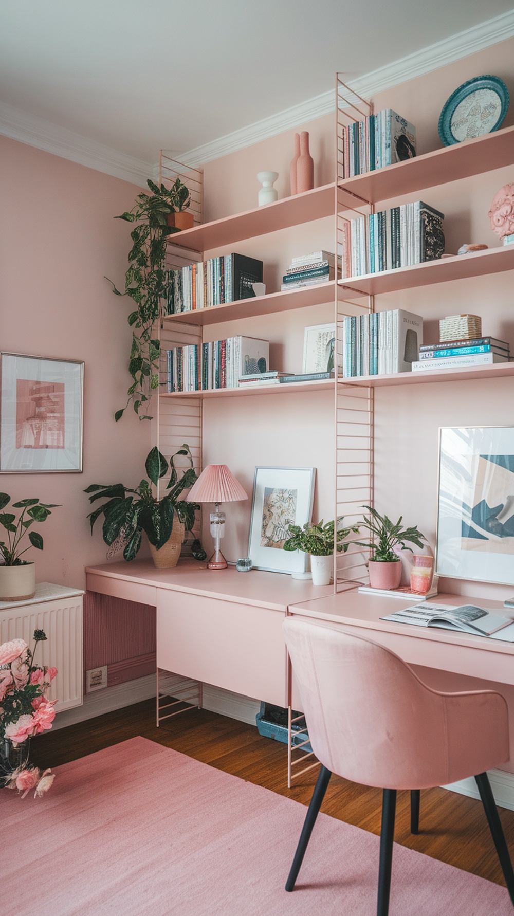 A chic minimalist home office with pink walls, stylish shelving, and decorative plants.