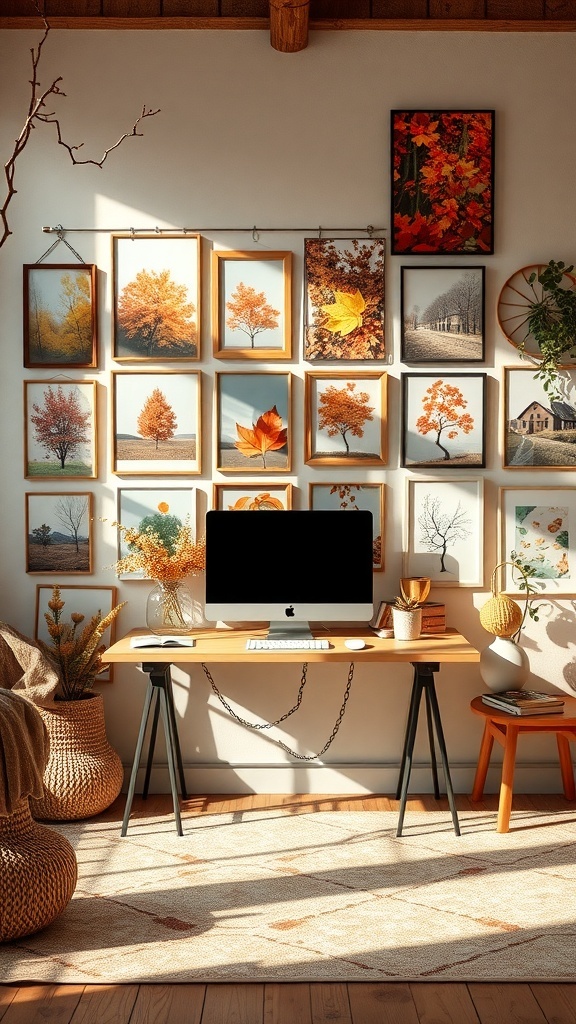 Gallery wall featuring autumn photography with warm colors and a cozy workspace