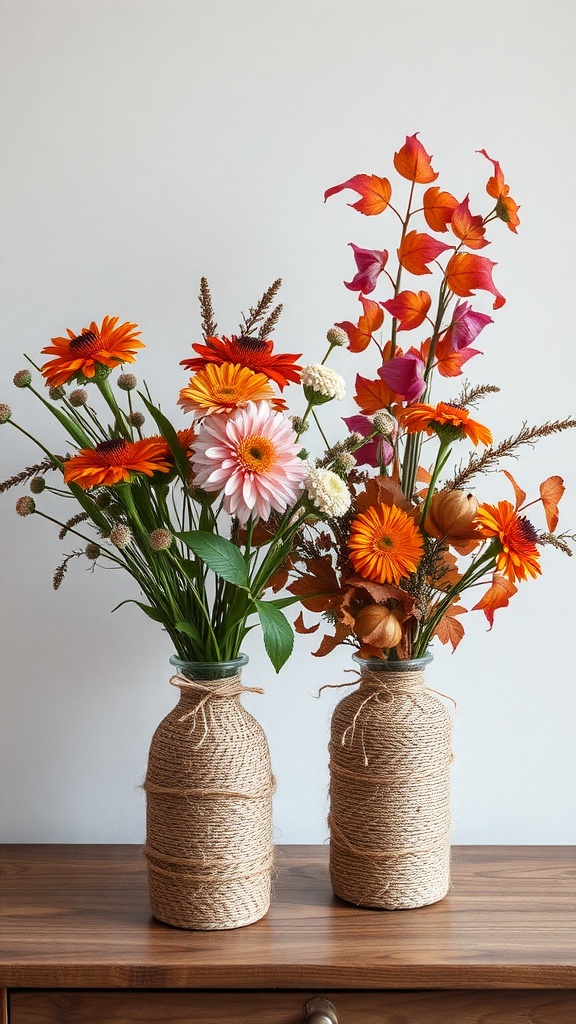 Two twine-wrapped vases filled with colorful autumn flowers on a wooden table.