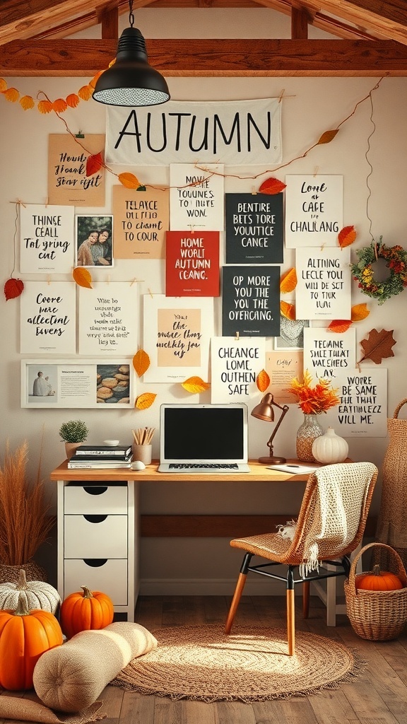 A cozy workspace decorated for autumn with a mood board, pumpkins, and warm colors.