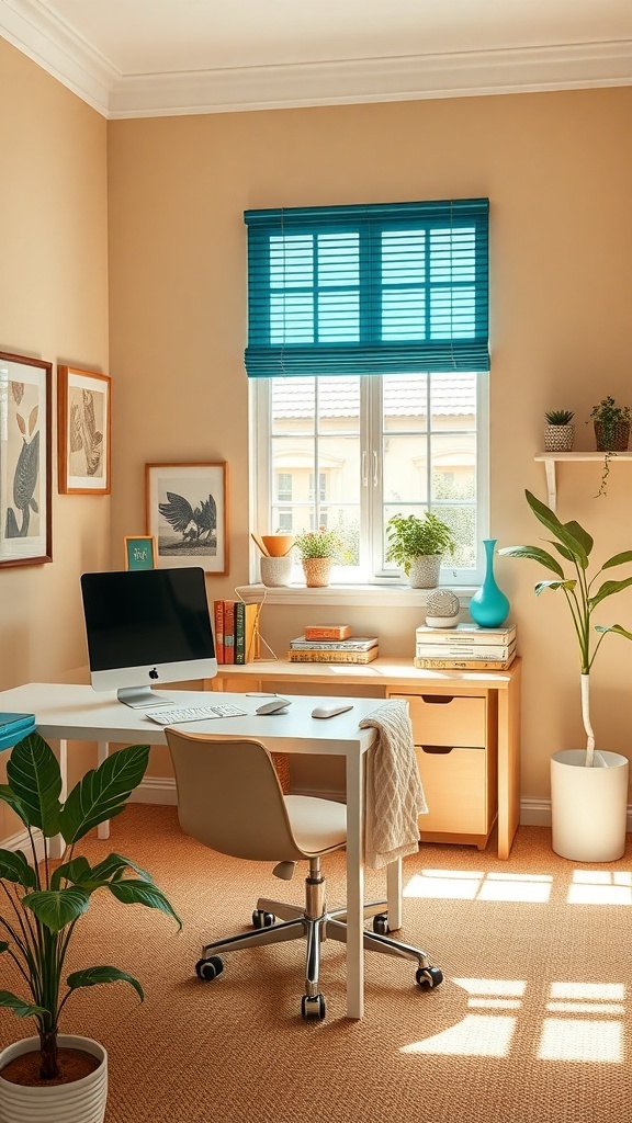A cozy home office with beige walls and bright cyan window blinds, featuring a desk, computer, and plants.