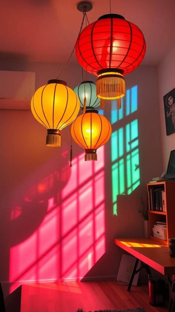 Colorful paper lanterns hanging in a home office, casting colorful shadows on the wall.