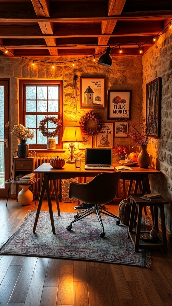 A cozy home office with warm lighting, a wooden desk, and fall decor elements like pumpkins and wreaths.
