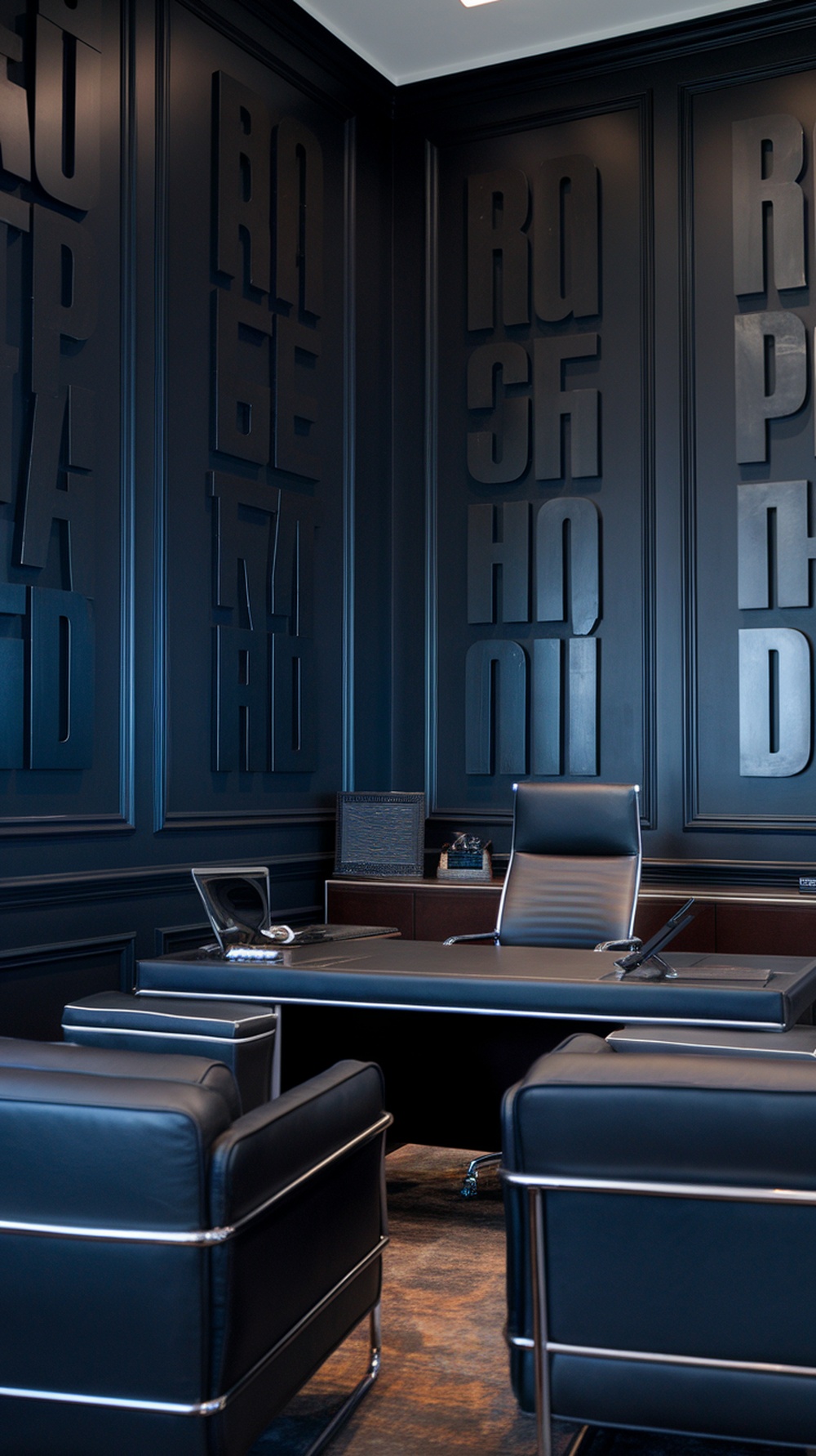 A masculine home office with bold black walls and modern furniture.